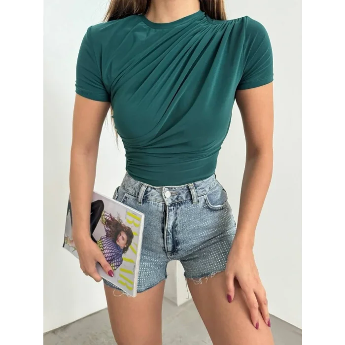 Çapraz Büzgülü Kısa Kol Sandy Bluz -Zümrüt