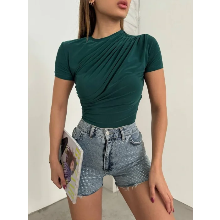 Çapraz Büzgülü Kısa Kol Sandy Bluz -Zümrüt