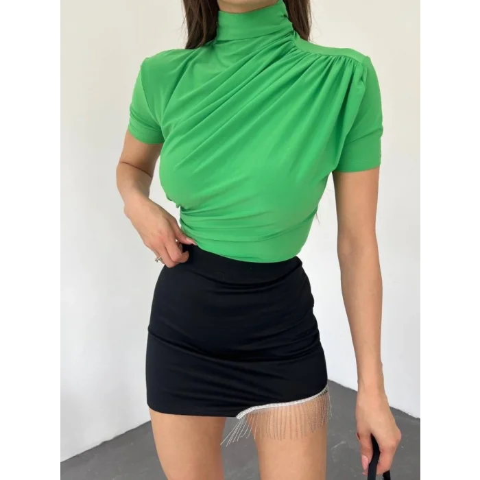 Çapraz Büzgülü Yarım Boğazlı Sandy Bluz -Yeşil