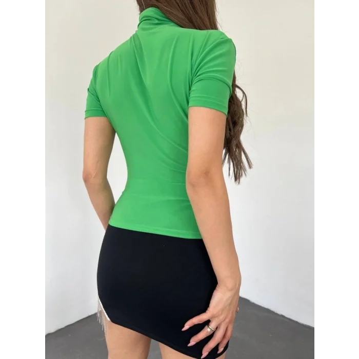 Çapraz Büzgülü Yarım Boğazlı Sandy Bluz -Yeşil