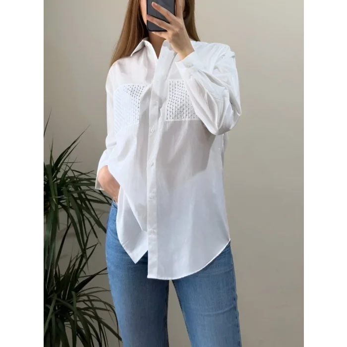 Cebi Taşlı Poplin Gömlek -Beyaz