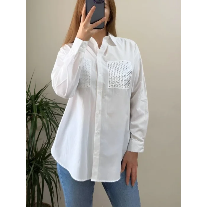 Cebi Taşlı Poplin Gömlek -Beyaz