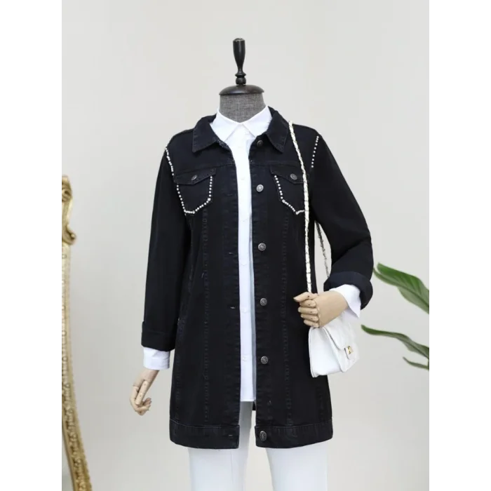 Cebi Ve Omuzları İncili Random Yıkama Kot Ceket -Siyah