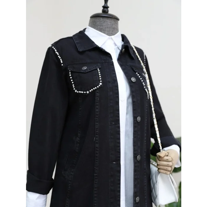 Cebi Ve Omuzları İncili Random Yıkama Kot Ceket -Siyah