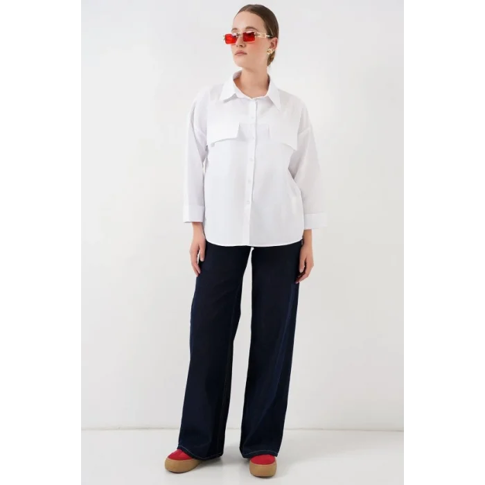Cep Detaylı Oversize Gömlek 20313 - Beyaz