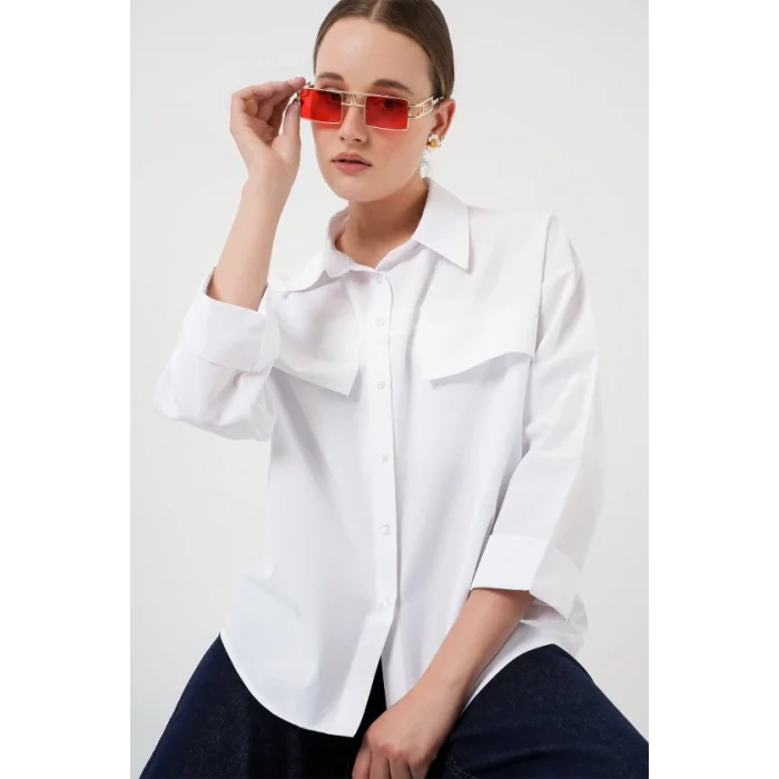 Cep Detaylı Oversize Gömlek 20313 - Beyaz