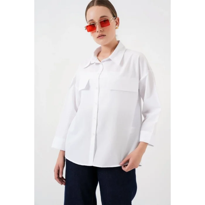 Cep Detaylı Oversize Gömlek 20313 - Beyaz