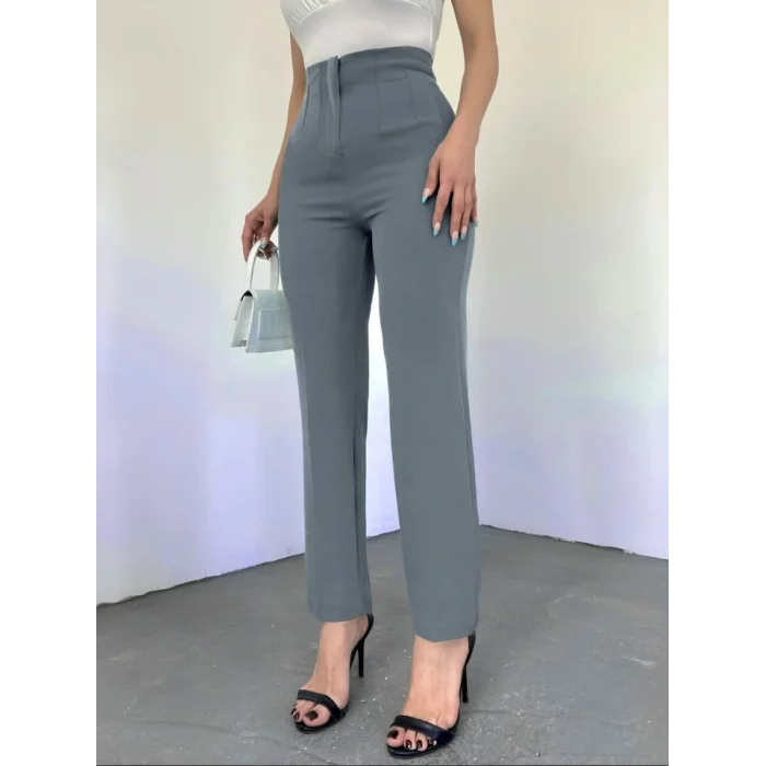 Cep Detaylı Yüksek Bel Pantolon -Gri