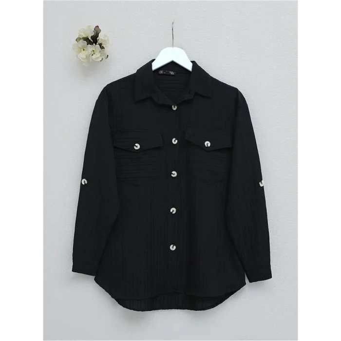 Cepleri Kapaklı Fitilli Ve Düğmeli Gömlek  -Siyah
