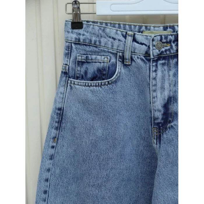 Cepli Bol Paça Fermuarlı Kot Pantolon -Buz Mavi