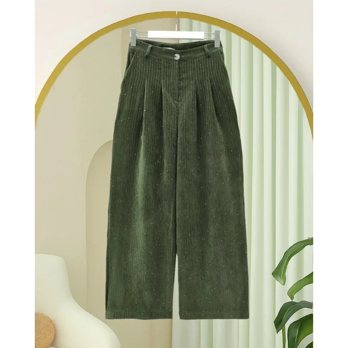 Cepli Bol Paça Pul Detaylı Kadife Pantolon  -Haki