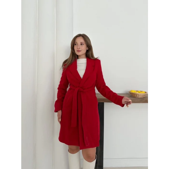 Cepli kuşaklı kaşe kaban kırmızı st26458