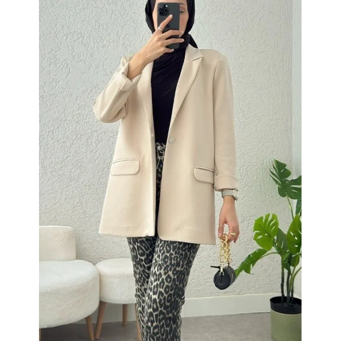 Cepli Tek Düğmeli Likralı Ceket  -Bej