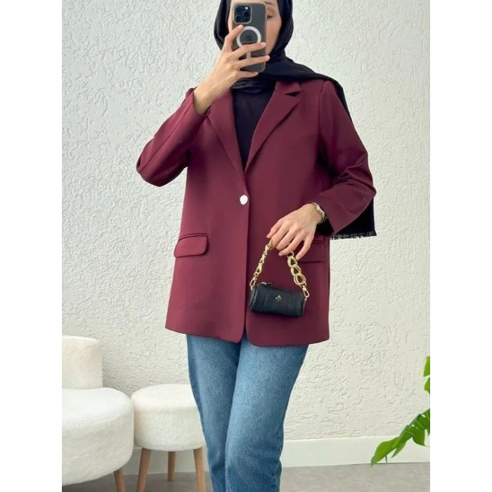 Cepli Tek Düğmeli Likralı Ceket -Bordo