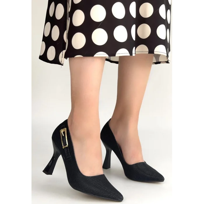 Cerin Siyah Saten Simli Topuklu Ayakkabı