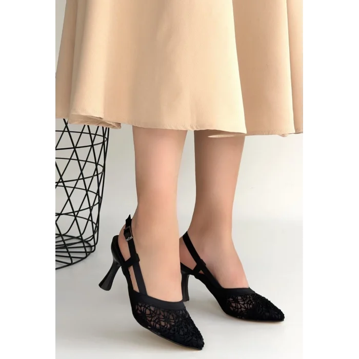 Ceta Siyah Cilt Tül Detaylı Topuklu Ayakkabı