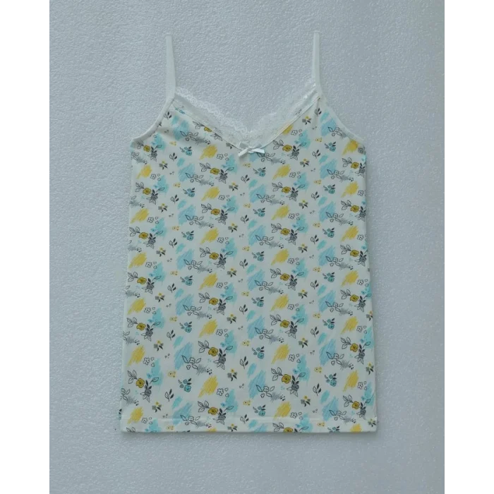 Çiçek Desenli Dantelli İp Askılı Atlet -Ekru