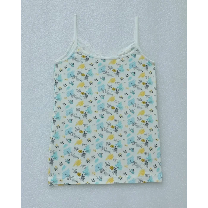 Çiçek Desenli Dantelli İp Askılı Atlet -Ekru