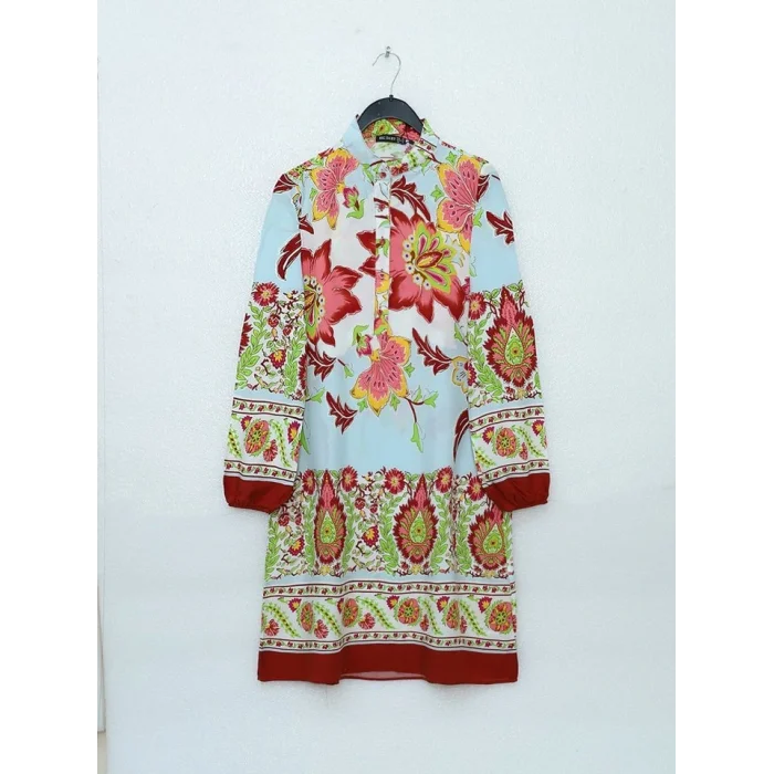 Çiçek Desenli Yarım Düğmeli Pamuk Viskon Tunik -Kiremit