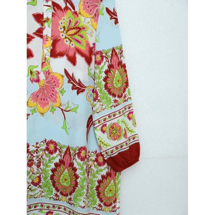 Çiçek Desenli Yarım Düğmeli Pamuk Viskon Tunik -Kiremit