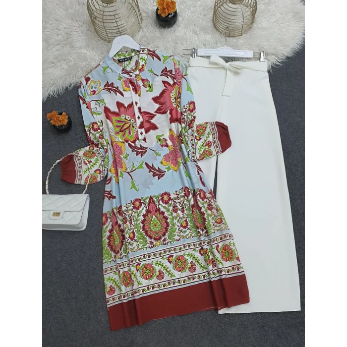 Çiçek Desenli Yarım Düğmeli Pamuk Viskon Tunik -Kiremit