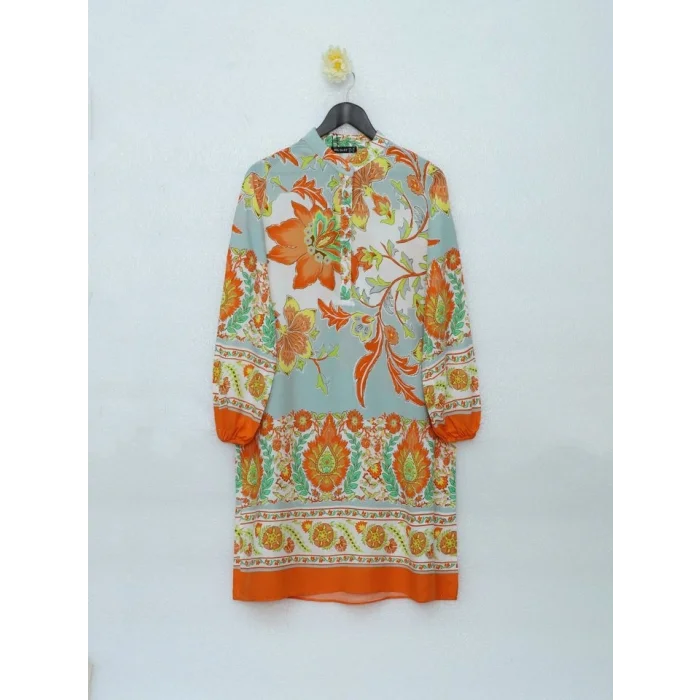 Çiçek Desenli Yarım Düğmeli Pamuk Viskon Tunik -Turuncu