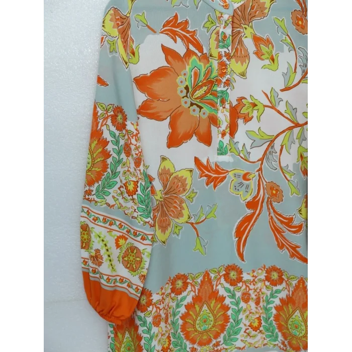 Çiçek Desenli Yarım Düğmeli Pamuk Viskon Tunik -Turuncu