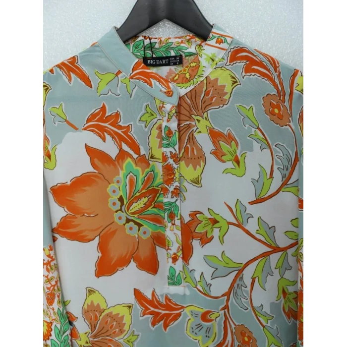 Çiçek Desenli Yarım Düğmeli Pamuk Viskon Tunik -Turuncu