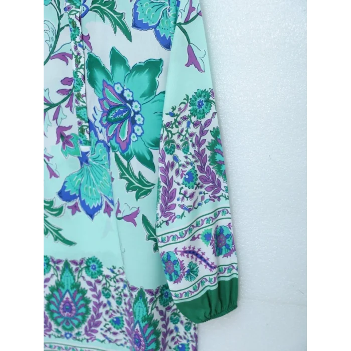 Çiçek Desenli Yarım Düğmeli Pamuk Viskon Tunik -Yeşil