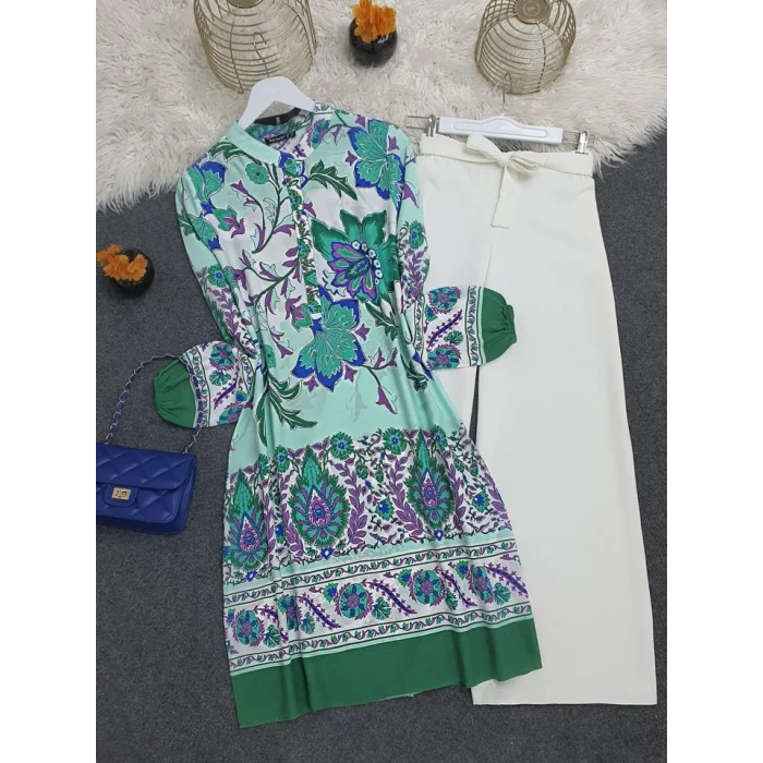 Çiçek Desenli Yarım Düğmeli Pamuk Viskon Tunik -Yeşil