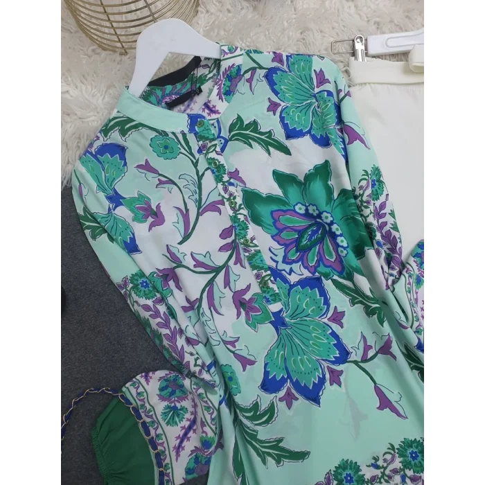 Çiçek Desenli Yarım Düğmeli Pamuk Viskon Tunik -Yeşil