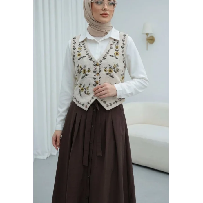 Çiçek Nakışlı Düğmeli Yelek -Taş