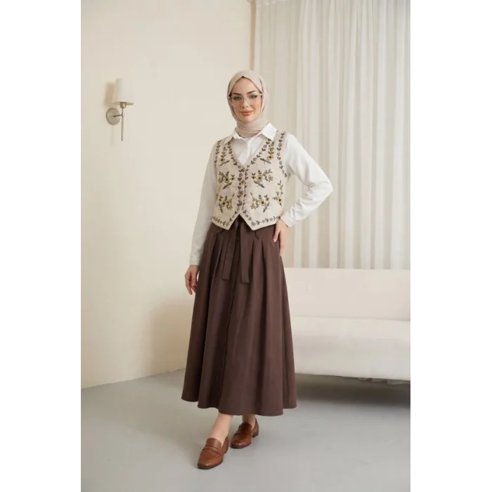 Çiçek Nakışlı Düğmeli Yelek -Taş