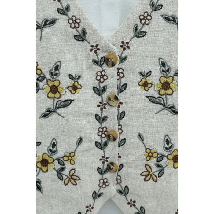 Çiçek Nakışlı Düğmeli Yelek -Taş