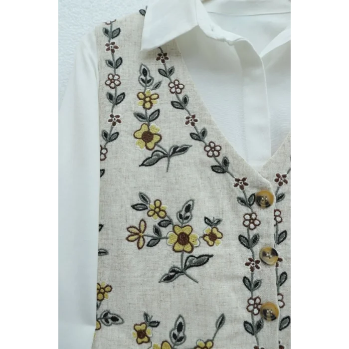 Çiçek Nakışlı Düğmeli Yelek -Taş