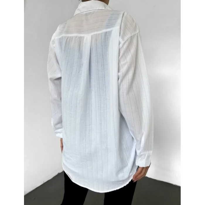 Çift Cepli Arkası Uzun Gofre Gömlek -Beyaz