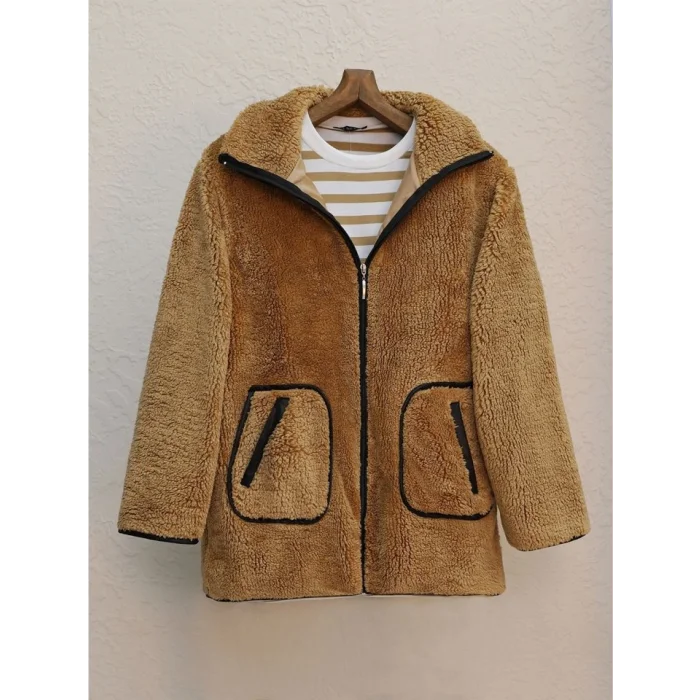 Çift Cepli Fermuarlı Astarlı Peluş Mont  -Tarçın