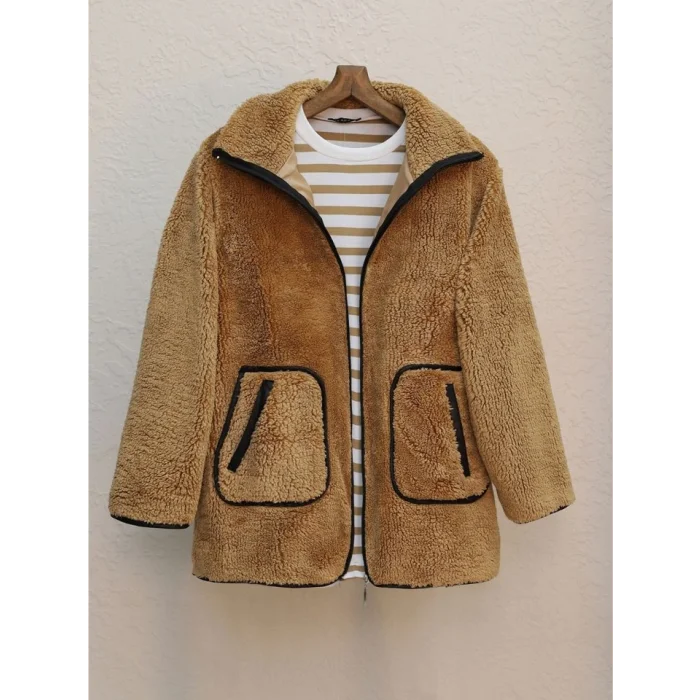 Çift Cepli Fermuarlı Astarlı Peluş Mont  -Tarçın