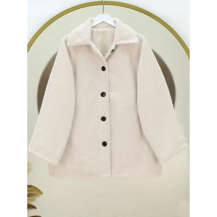 Çift Cepli Önü Düğmeli Astarlı Buklet Kaban -Ekru