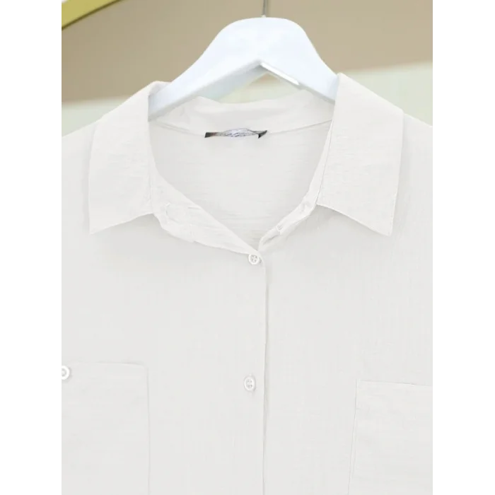 Çift Cepli Oval Kesim Kolu Katlamalı Gömlek Tunik -Beyaz