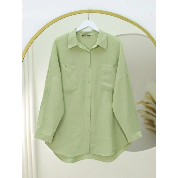 Çift Cepli Oval Kesim Kolu Katlamalı Gömlek Tunik -Çağla Y.