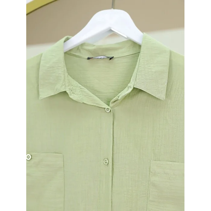 Çift Cepli Oval Kesim Kolu Katlamalı Gömlek Tunik -Çağla Y.