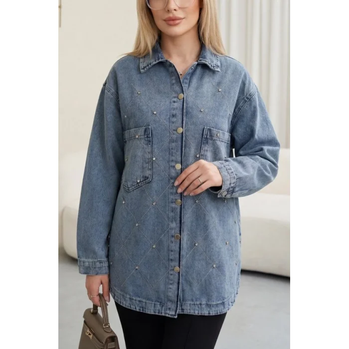 Çift Cepli Taşlı Önü Düğmeli Kot Ceket  -Buz Mavi