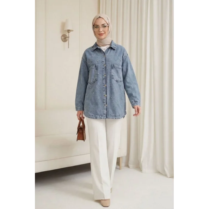 Çift Cepli Taşlı Önü Düğmeli Kot Ceket  -Buz Mavi