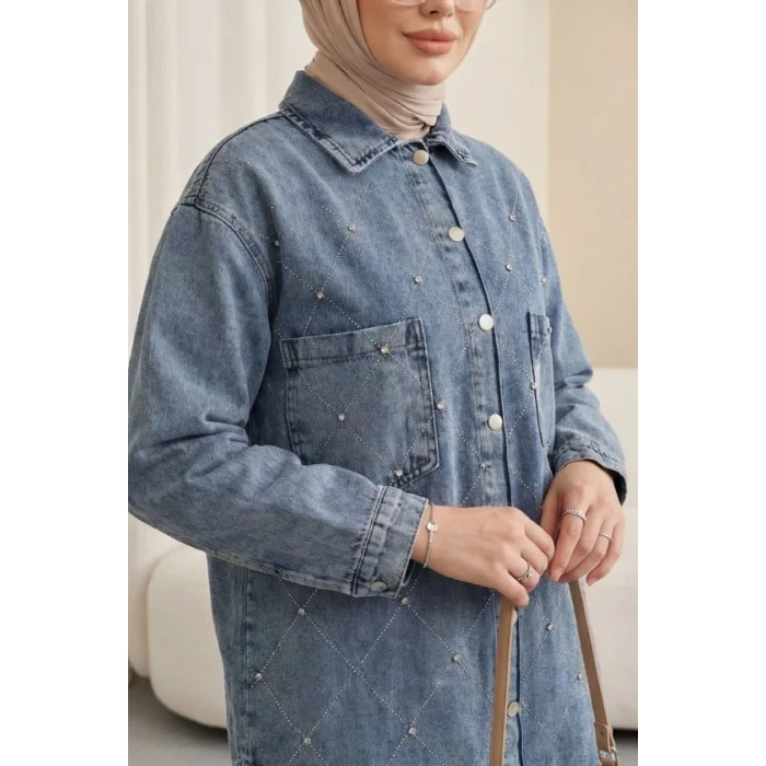 Çift Cepli Taşlı Önü Düğmeli Kot Ceket  -Buz Mavi