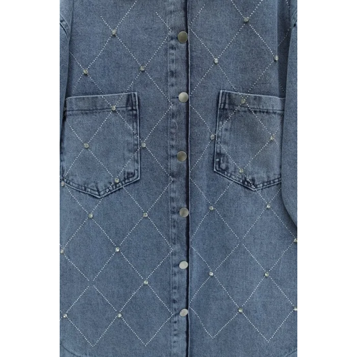 Çift Cepli Taşlı Önü Düğmeli Kot Ceket  -Buz Mavi