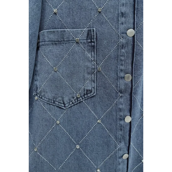 Çift Cepli Taşlı Önü Düğmeli Kot Ceket  -Buz Mavi