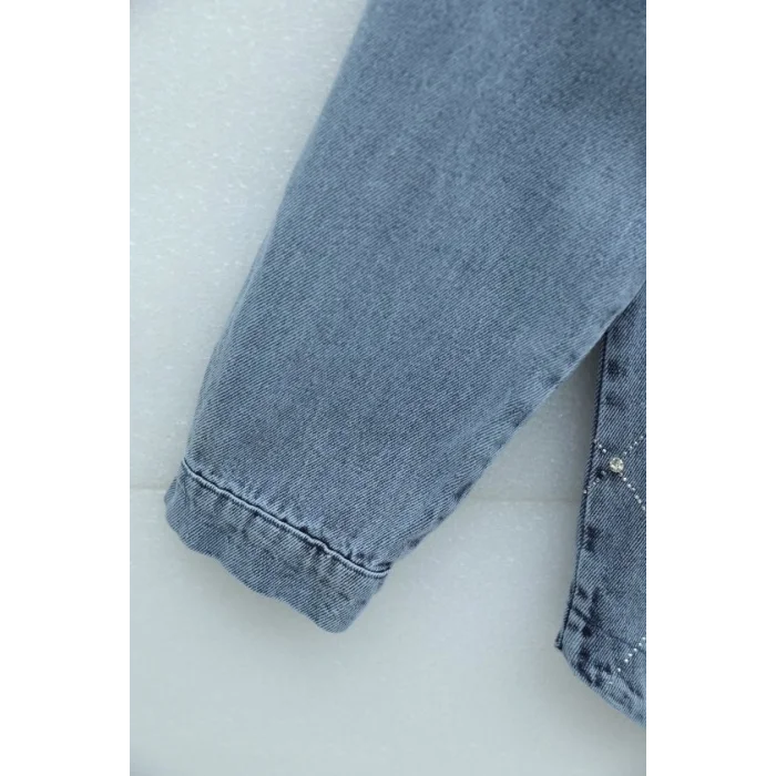 Çift Cepli Taşlı Önü Düğmeli Kot Ceket  -Buz Mavi