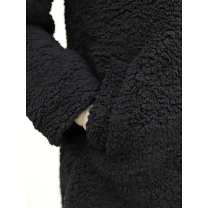 Çift Düğmeli Astarlı Yan Cepli Peluş Kaban -Siyah