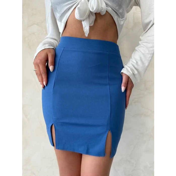 Çift yırtmaçlı etek indigo s25910